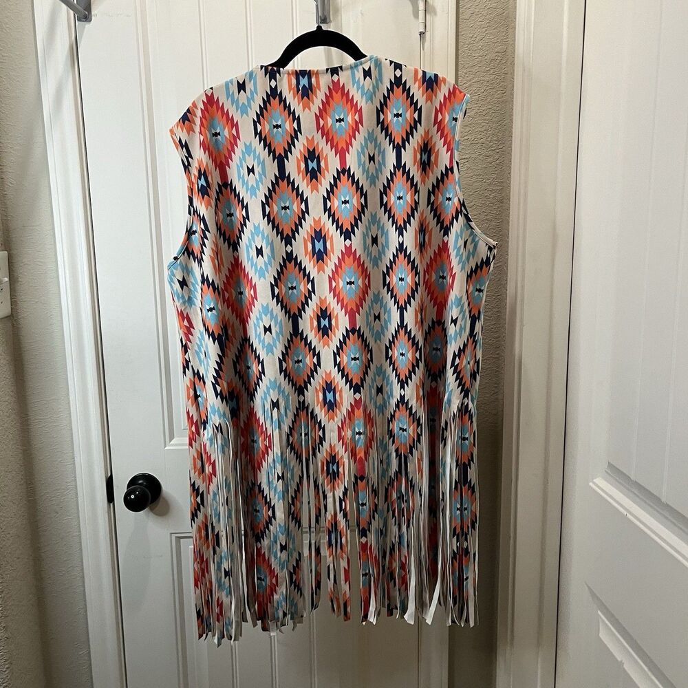 Southern Stitch Aztec Blue Orange Diamond Sleeveless Fringe Boho Kimono Open Top - Picture 6 of 9